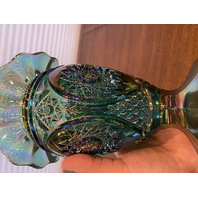 VTG FENTON Teal/Green Iridescent Hobstar Carnival Glass Footed Pitcher 9"H