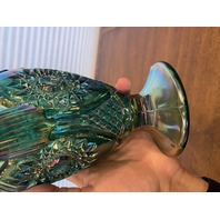 VTG FENTON Teal/Green Iridescent Hobstar Carnival Glass Footed Pitcher 9"H