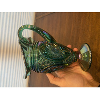 VTG FENTON Teal/Green Iridescent Hobstar Carnival Glass Footed Pitcher 9"H