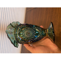 VTG FENTON Teal/Green Iridescent Hobstar Carnival Glass Footed Pitcher 9"H