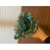 VTG FENTON Teal/Green Iridescent Hobstar Carnival Glass Footed Pitcher 9"H