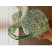 VTG FENTON Green Opalescent COIN DOT Ruffled Rim Pitcher 9"H