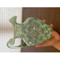 VTG FENTON Green Opalescent COIN DOT Ruffled Rim Pitcher 9"H