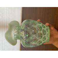 VTG FENTON Green Opalescent COIN DOT Ruffled Rim Pitcher 9"H