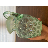 VTG FENTON Green Opalescent COIN DOT Ruffled Rim Pitcher 9"H