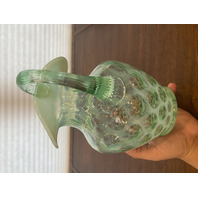 VTG FENTON Green Opalescent COIN DOT Ruffled Rim Pitcher 9"H