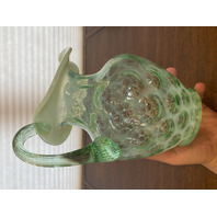 VTG FENTON Green Opalescent COIN DOT Ruffled Rim Pitcher 9"H