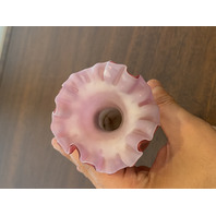 ANTIQUE Pink Satin MOTHER OF PEARL Quilted  Ruffled Rim Art Glass Vase 6.25"H