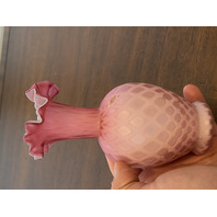 ANTIQUE Pink Satin MOTHER OF PEARL Quilted  Ruffled Rim Art Glass Vase 6.25"H