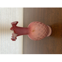 ANTIQUE Pink Satin MOTHER OF PEARL Quilted  Ruffled Rim Art Glass Vase 6.25"H