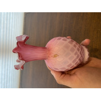 ANTIQUE Pink Satin MOTHER OF PEARL Quilted  Ruffled Rim Art Glass Vase 6.25"H