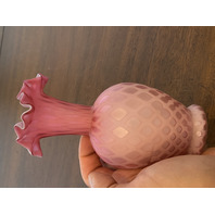 ANTIQUE Pink Satin MOTHER OF PEARL Quilted  Ruffled Rim Art Glass Vase 6.25"H