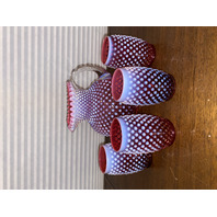 VTG FENTON Cranberry Opalescent Hobnail Glass Pitcher + 4 Tumblers SET(5)