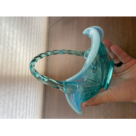 VTG FENTON Aqua Blue Opalescent Floral Pattern Glass Twisted Handle Basket 8"H