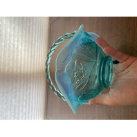 VTG FENTON Aqua Blue Opalescent Floral Pattern Glass Twisted Handle Basket 8"H
