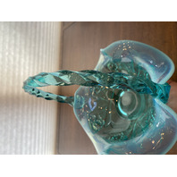 VTG FENTON Aqua Blue Opalescent Floral Pattern Glass Twisted Handle Basket 8"H