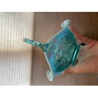 VTG FENTON Aqua Blue Opalescent Floral Pattern Glass Twisted Handle Basket 8"H