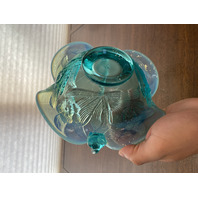 VTG FENTON Aqua Blue Opalescent Floral Pattern Glass Twisted Handle Basket 8"H