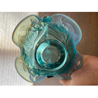 VTG FENTON Aqua Blue Opalescent Floral Pattern Glass Twisted Handle Basket 8"H