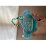VTG FENTON Aqua Blue Opalescent Floral Pattern Glass Twisted Handle Basket 8"H