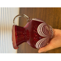 VTG Red & White DURAND PULLED FEATHER Art Glass Pitcher 7.25"H