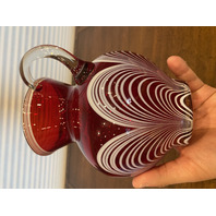 VTG Red & White DURAND PULLED FEATHER Art Glass Pitcher 7.25"H