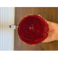 VTG Red & White DURAND PULLED FEATHER Art Glass Pitcher 7.25"H