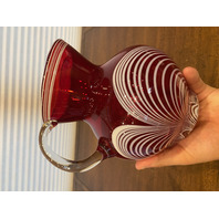 VTG Red & White DURAND PULLED FEATHER Art Glass Pitcher 7.25"H
