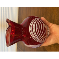 VTG Red & White DURAND PULLED FEATHER Art Glass Pitcher 7.25"H