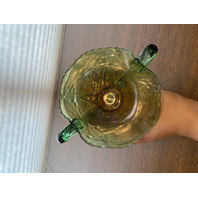 VTG Northwood Green/Amber PANELED HOLLY Carnival Glass Candy Dish 3.75"H