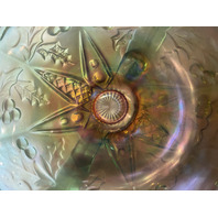 VTG Northwood Green/Amber PANELED HOLLY Carnival Glass Candy Dish 3.75"H