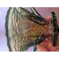 VTG Northwood Green/Amber PANELED HOLLY Carnival Glass Candy Dish 3.75"H