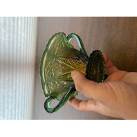 VTG Northwood Green/Amber PANELED HOLLY Carnival Glass Candy Dish 3.75"H