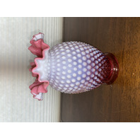 LARGE VTG FENTON Cranberry Opalescent Hobnail Ruffled Rim Art Glass Vase 8.5"H