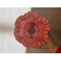 LARGE VTG FENTON Cranberry Opalescent Hobnail Ruffled Rim Art Glass Vase 8.5"H