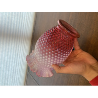 LARGE VTG FENTON Cranberry Opalescent Hobnail Ruffled Rim Art Glass Vase 8.5"H