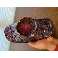 VTG L.E. SMITH Ruby Red Iridescent Carnival QUINTEC Glass Banana Bowl 10.25"L