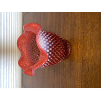 LARGE VTG FENTON Cranberry Opalescent Hobnail Ruffled Rim Art Glass Vase 7.25"H