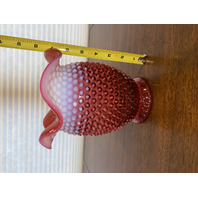 LARGE VTG FENTON Cranberry Opalescent Hobnail Ruffled Rim Art Glass Vase 7.25"H