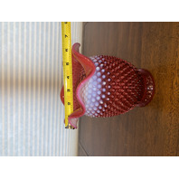 LARGE VTG FENTON Cranberry Opalescent Hobnail Ruffled Rim Art Glass Vase 7.25"H