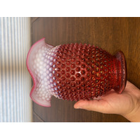 LARGE VTG FENTON Cranberry Opalescent Hobnail Ruffled Rim Art Glass Vase 7.25"H