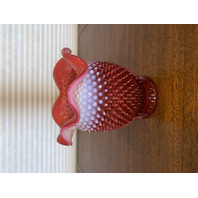 LARGE VTG FENTON Cranberry Opalescent Hobnail Ruffled Rim Art Glass Vase 7.25"H