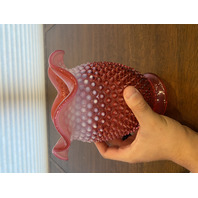 LARGE VTG FENTON Cranberry Opalescent Hobnail Ruffled Rim Art Glass Vase 7.25"H