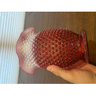 LARGE VTG FENTON Cranberry Opalescent Hobnail Ruffled Rim Art Glass Vase 7.25"H