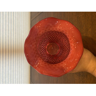 LARGE VTG FENTON Cranberry Opalescent Hobnail Ruffled Rim Art Glass Vase 7.25"H