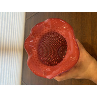 LARGE VTG FENTON Cranberry Opalescent Hobnail Ruffled Rim Art Glass Vase 7.25"H