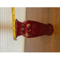 VTG FENTON Ruby Red Berries & Leaves HAND PAINTED Art Glass Vase 9.5"H SIGNED