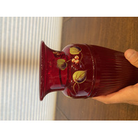 VTG FENTON Ruby Red Berries & Leaves HAND PAINTED Art Glass Vase 9.5"H SIGNED
