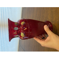 VTG FENTON Ruby Red Berries & Leaves HAND PAINTED Art Glass Vase 9.5"H SIGNED
