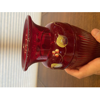 VTG FENTON Ruby Red Berries & Leaves HAND PAINTED Art Glass Vase 9.5"H SIGNED